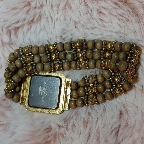 Vintage Gold Tone Quartz Square Face Watch with Wooden Beads - Picture 6 of 7